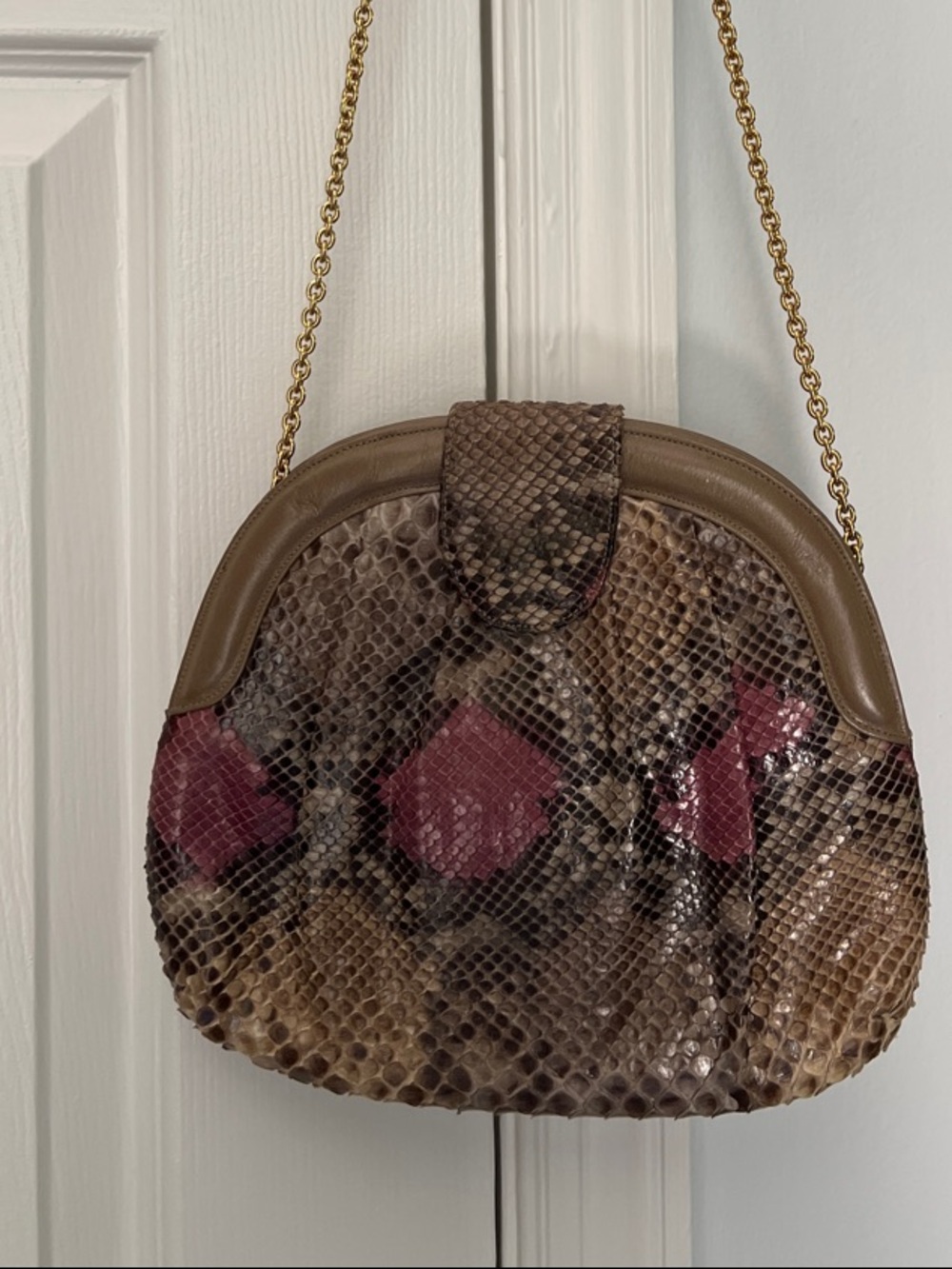 Taupe and Pink Snakeskin Mini Crossbody with Gold Chain